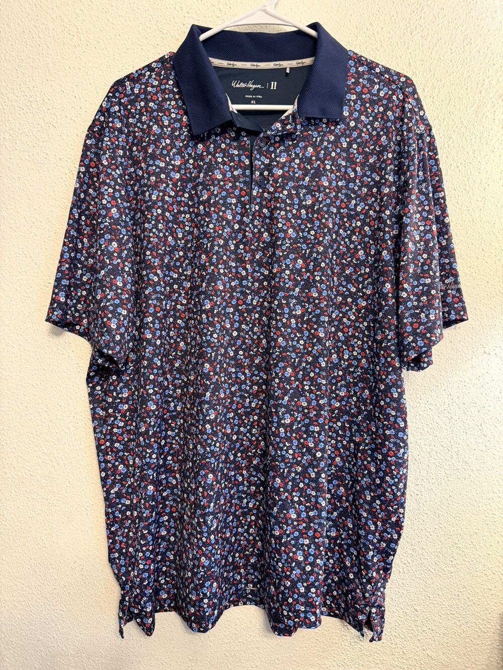 Walter Hagen Performance 11 Golf Polo Men XL Navy Floral Stretch Shirt Tee